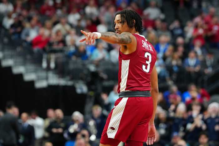 Mar 23, 2023; Las Vegas, NV, USA; Arkansas Razorbacks guard Nick Smith Jr. (3) gestures against the UConn Huskies during the first half at T-Mobile Arena. Mandatory Credit: Stephen R. Sylvanie-USA TODAY Sports